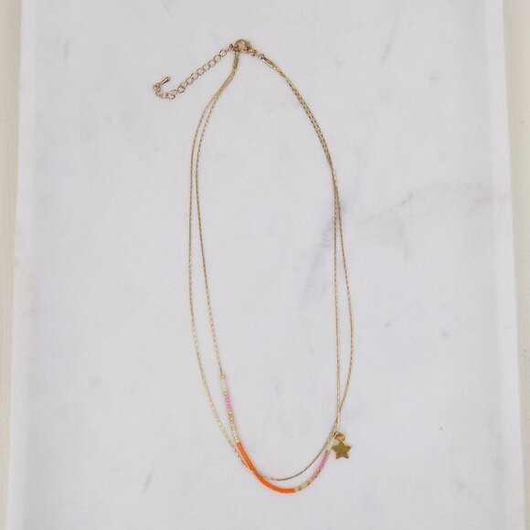 delicate layered stone 2 layer beaded choker gold chain star charm - Picture 5 of 5
